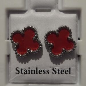 Red Stainless Steel Clover Earrings
